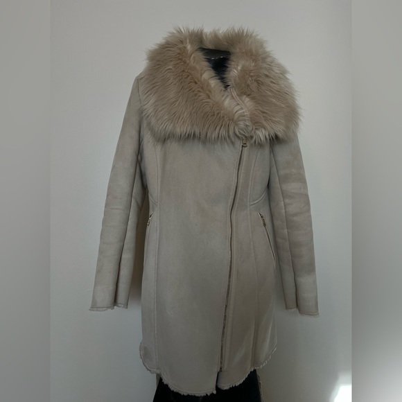 Calvin Klein Soft Latte Faux Suede Coat with Fur Collar - Picture 3 of 13